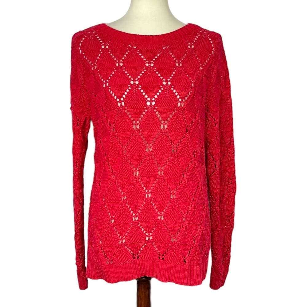 Tommy‎ Hilfiger Sweater Womens Large Red Open Weave Knit 100% Cotton Crewneck